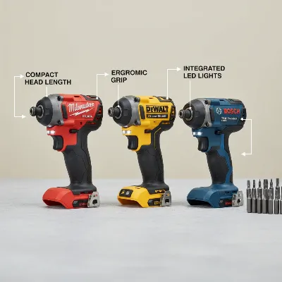 A clean, well-lit studio shot showing a selection of three popular 12V compact impact drivers (e.g., Milwaukee M12, DeWalt Xtreme 12V, Bosch 12V) laid out side-by-side on a workbench, highlighting their compact size and key design features. There are different types of bits next to them. Clear and detailed, with good lighting.