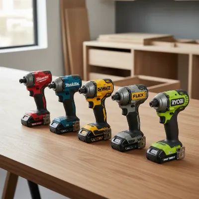 Top 5 hex impact drivers arranged for comparison in a professional workshop setting