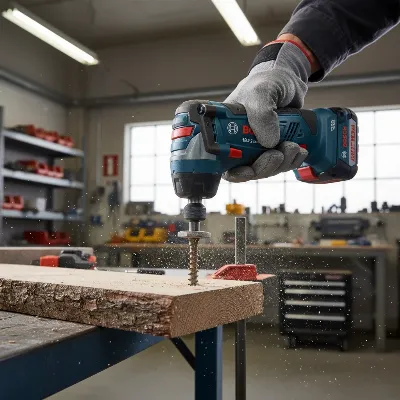 Bosch Freak 18V 2-in-1 Impact Driver in action, driving a long screw into wood.