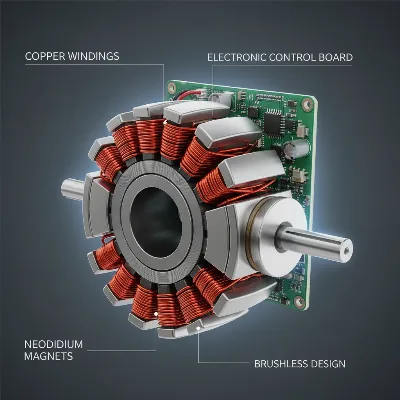 A close-up of a brushless motor inside an impact driver, highlighting electronic components and magnets, with a subtle glow.