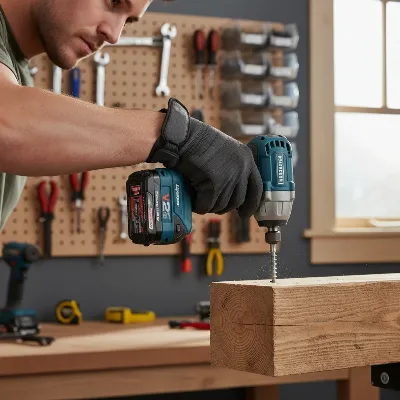 A person using a budget impact driver to fasten a long screw into a wooden beam, showcasing ease of use and typical application for DIY tasks. The setting is a home workshop or renovation project with good lighting.