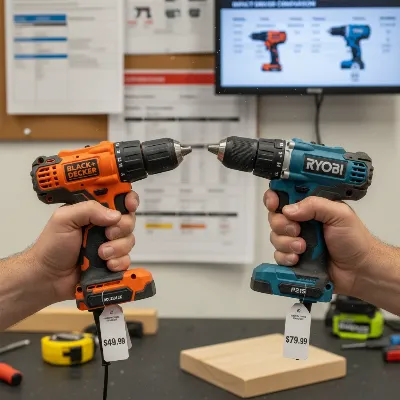 A person's hands holding two different budget impact drivers, comparing their size and features, with spec sheets and price tags visible in the background on a workbench, illustrating the decision-making process.