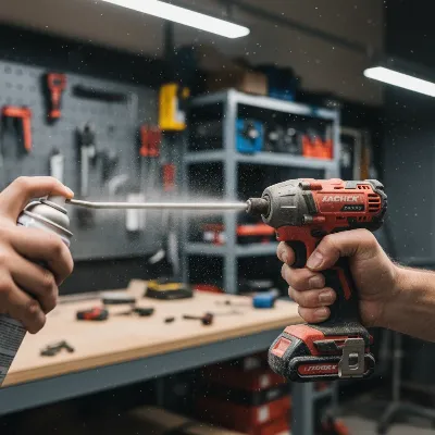 Person cleaning the air vents of an impact driver with compressed air.