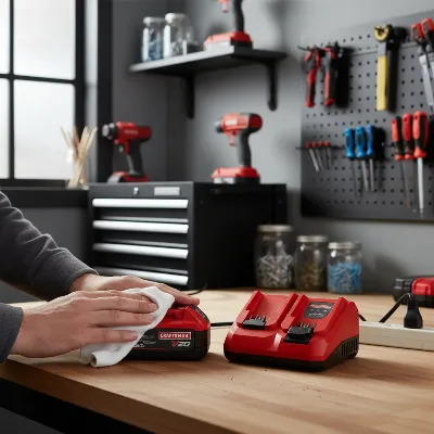 Craftsman V20 battery being cared for and stored properly in a clean environment.