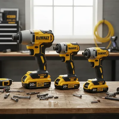 A line-up of various DeWalt 20V Max Brushless Impact Drivers, showcasing different sizes and features, against a workshop background.