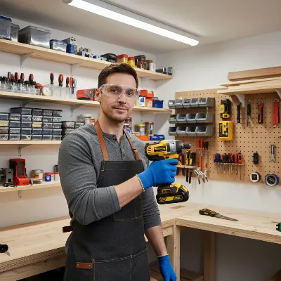 A DIY enthusiast confidently holding an impact driver in a well-organized home workshop, emphasizing ease of use.