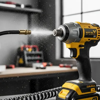 An impact driver chuck being cleaned with compressed air, illustrating proper maintenance to prevent bits from getting stuck.