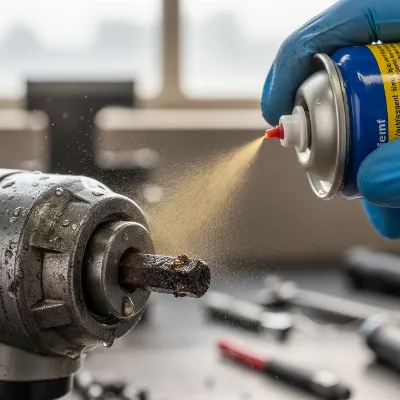 A close-up view of an impact driver chuck being sprayed with penetrating oil to loosen a stuck bit.