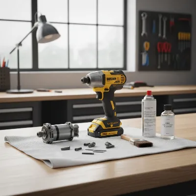 A well-organized workbench with an impact driver being cleaned, showing cleaning supplies.