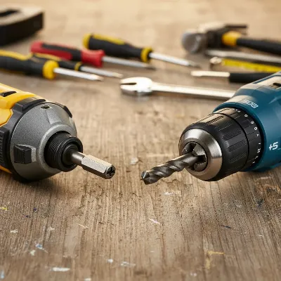 An impact driver with a hex-shank drill bit next to a traditional drill with a round-shank bit, illustrating their distinct chuck types for drilling.