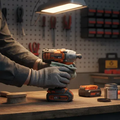 Person cleaning and inspecting an impact driver for general maintenance