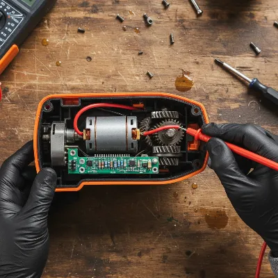 Technician inspecting the internal wiring of an impact driver with a multimeter
