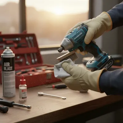 A close-up of hands cleaning a cordless impact driver with a brush and cloth after use, emphasizing routine maintenance for longevity. The tool is placed on a workbench with other maintenance supplies in the background.