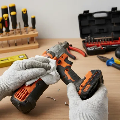 User performing maintenance on an impact driver, cleaning the tool and checking battery connection