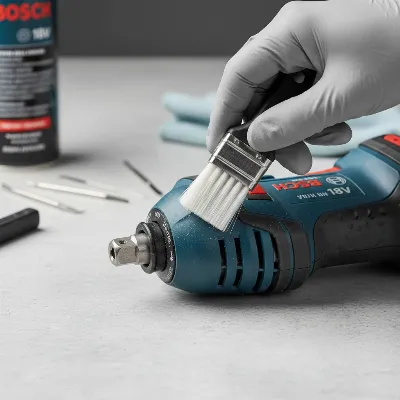 A technician cleaning and inspecting a Bosch impact driver for maintenance