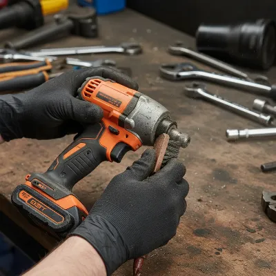 A mechanic cleaning and performing maintenance on a heavy-duty impact driver in a workshop, focusing on longevity and care.