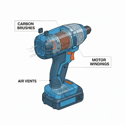 Diagram showing key internal components of an impact driver, highlighting brushes and vents.