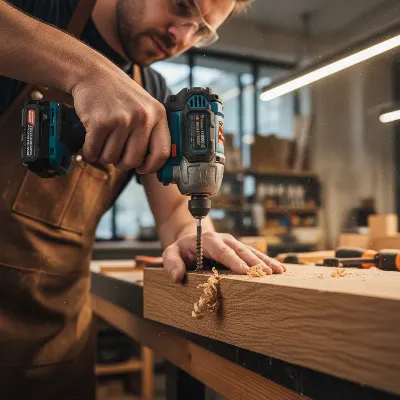 A craftsman demonstrating proper impact driver technique, holding the tool straight and applying firm, steady pressure to a screw in a wooden plank.