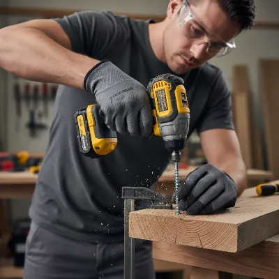 A person wearing safety glasses and gloves, demonstrating the correct grip and use of a brushless impact driver on a piece of wood.
