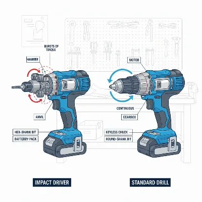 Illustration showing the internal mechanisms and power delivery of an impact driver and a drill, highlighting the impact action versus constant rotation