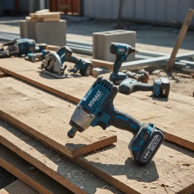 Kobalt 24V Max Impact Driver on a bustling construction site with various tools in the background.
