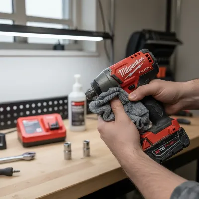 A person performing routine maintenance on a Milwaukee M18 Fuel impact driver, emphasizing care and longevity.