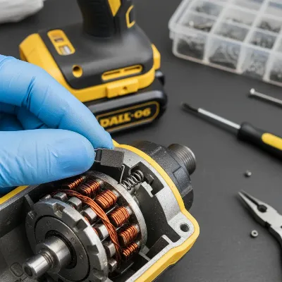 Hand replacing carbon brushes in an impact driver motor.