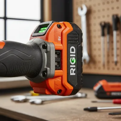 A close-up of a Ridgid 18V battery securely attached to the brushless impact driver, highlighting its robust connection and LED charge indicator.