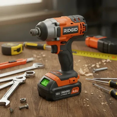 A Ridgid 18V Brushless Impact Driver with its battery pack, showcasing its robust construction on a workbench filled with tools.