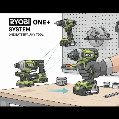 Ryobi ONE+ 18V battery powering multiple tools, showcasing versatility.