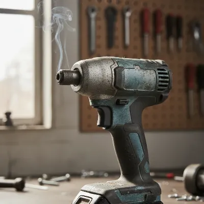 Close-up of an impact driver with a wisp of smoke, indicating a problem.