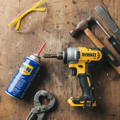 A collection of tools needed to remove a stuck impact driver bit, including lubricant, pliers, hammer, and safety glasses, arranged neatly on a workbench.