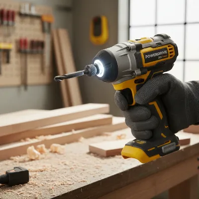 Close-up of a modern cordless impact driver with a woodworking bit inserted, ready for action.